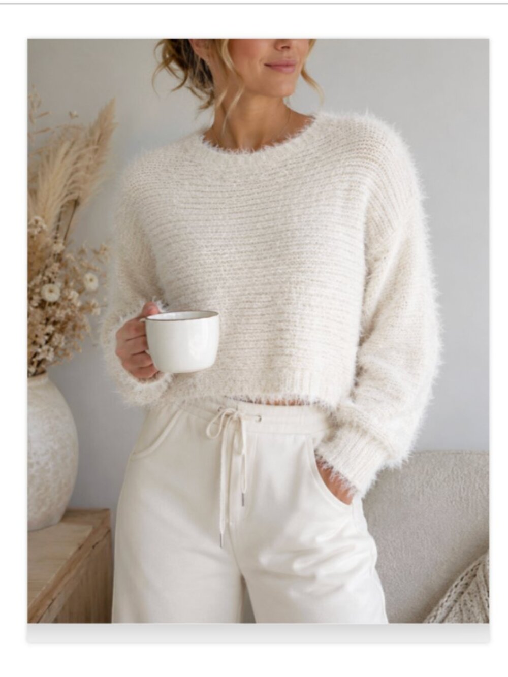 Boutique Fuzzy Ivory Sweater Cozy Minimalist Pullover Size S Soft Knit
